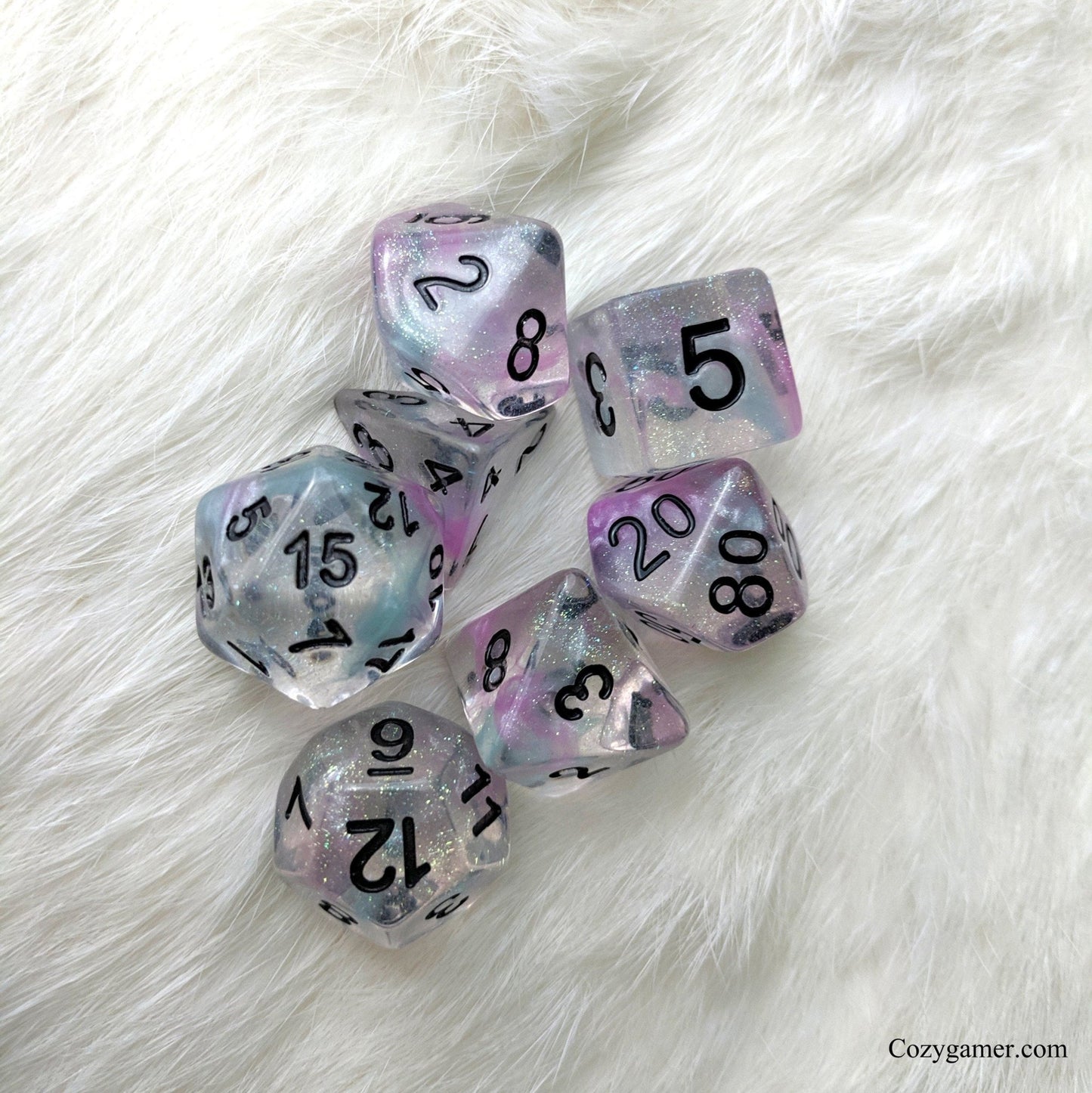 Pegasus Dice Set – 7-Piece Purple Blue Translucent Glitter Pearly Ink DnD Dice Dice sets Fennek and Finch