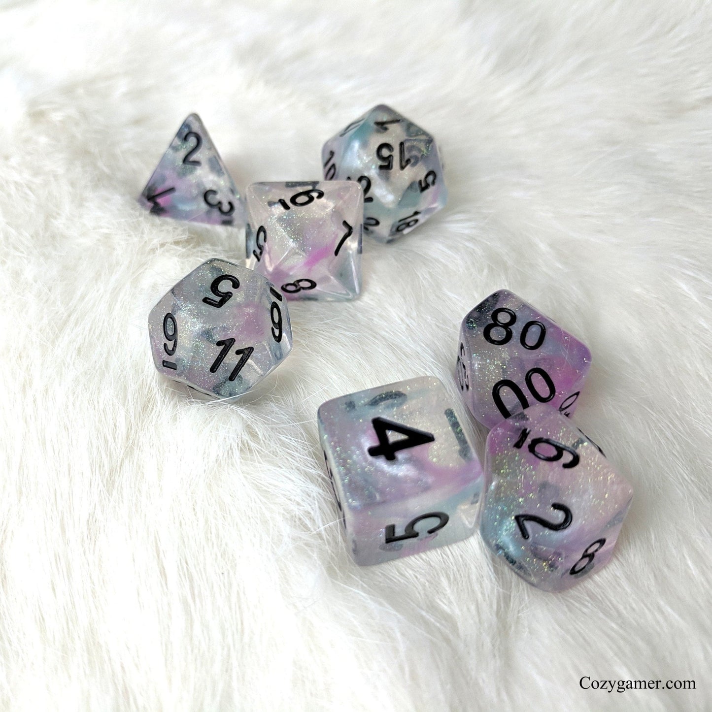 Pegasus Dice Set – 7-Piece Purple Blue Translucent Glitter Pearly Ink DnD Dice Dice sets Fennek and Finch