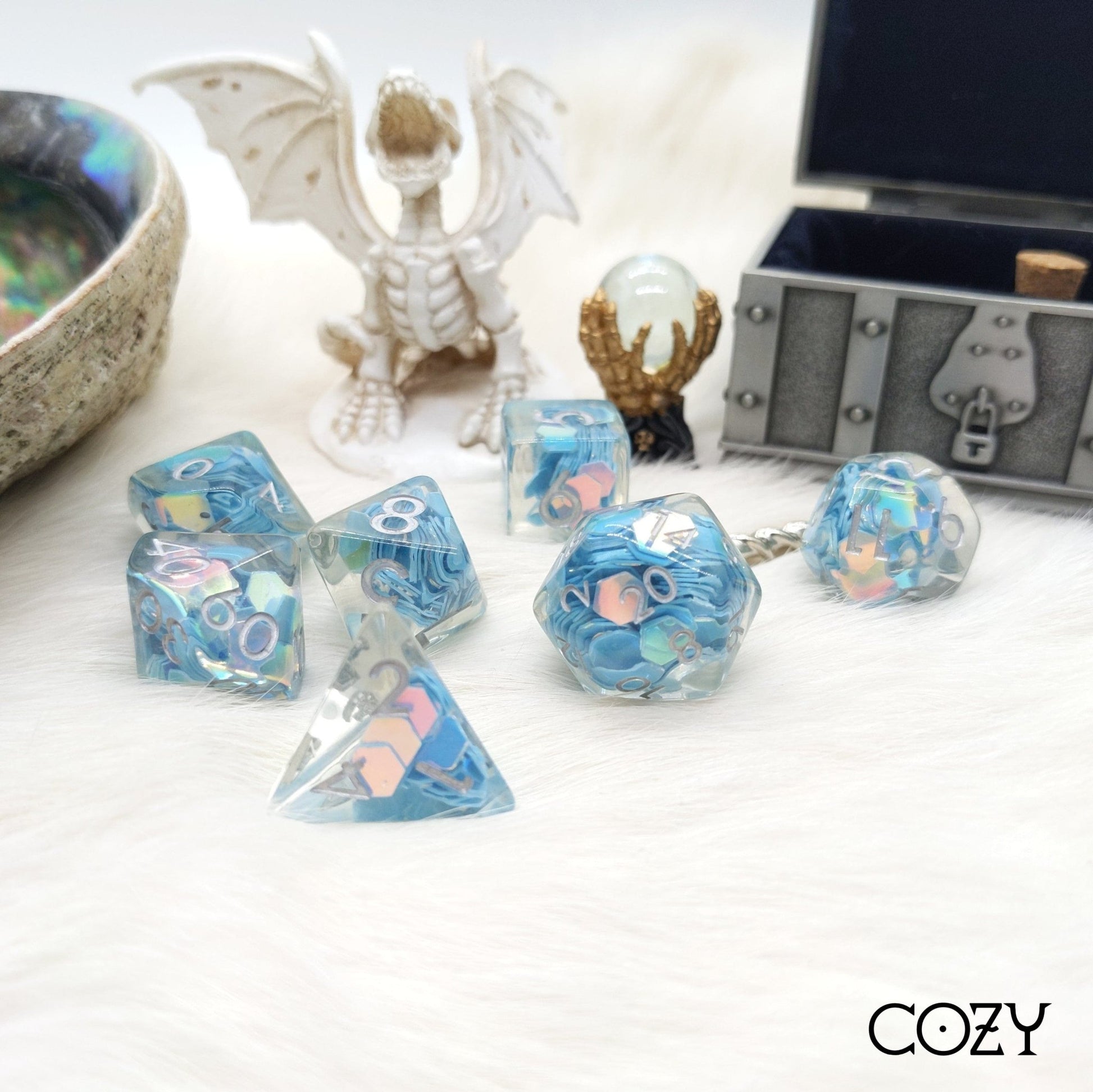 Periwinkle Glint Dice Set. Clear Resin with Hexagonal Blue Rainbow Glitter - Fennek and Finch