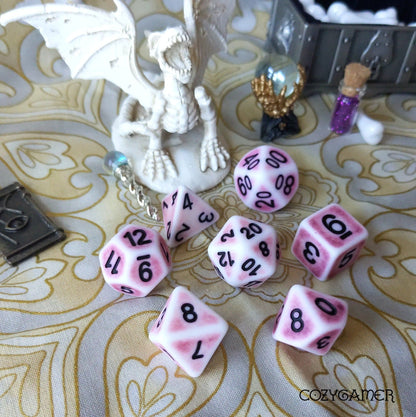 Pink Ancient Dice Set – 7-Piece Matte Resin Black Font DnD Dice Dice Sets & Games Fennek and Finch