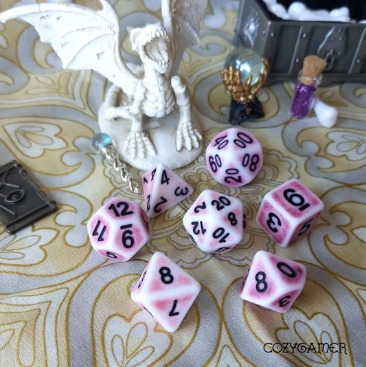 Pink Ancient Dice Set – 7 - Piece Matte Resin Black Font DnD Dice - Fennek and Finch