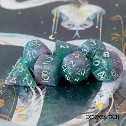 Pink and Green Seabed Treasure Dice Set. Opaque and Clear Marbled with Foil and Glitter