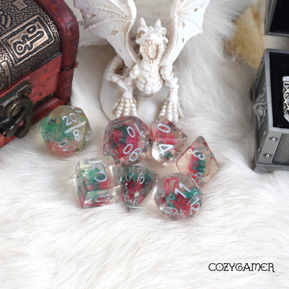 Pink and Teal Reindeer Moss Dice Set – 7-Piece Real Moss DnD Dice Dice sets Fennek and Finch