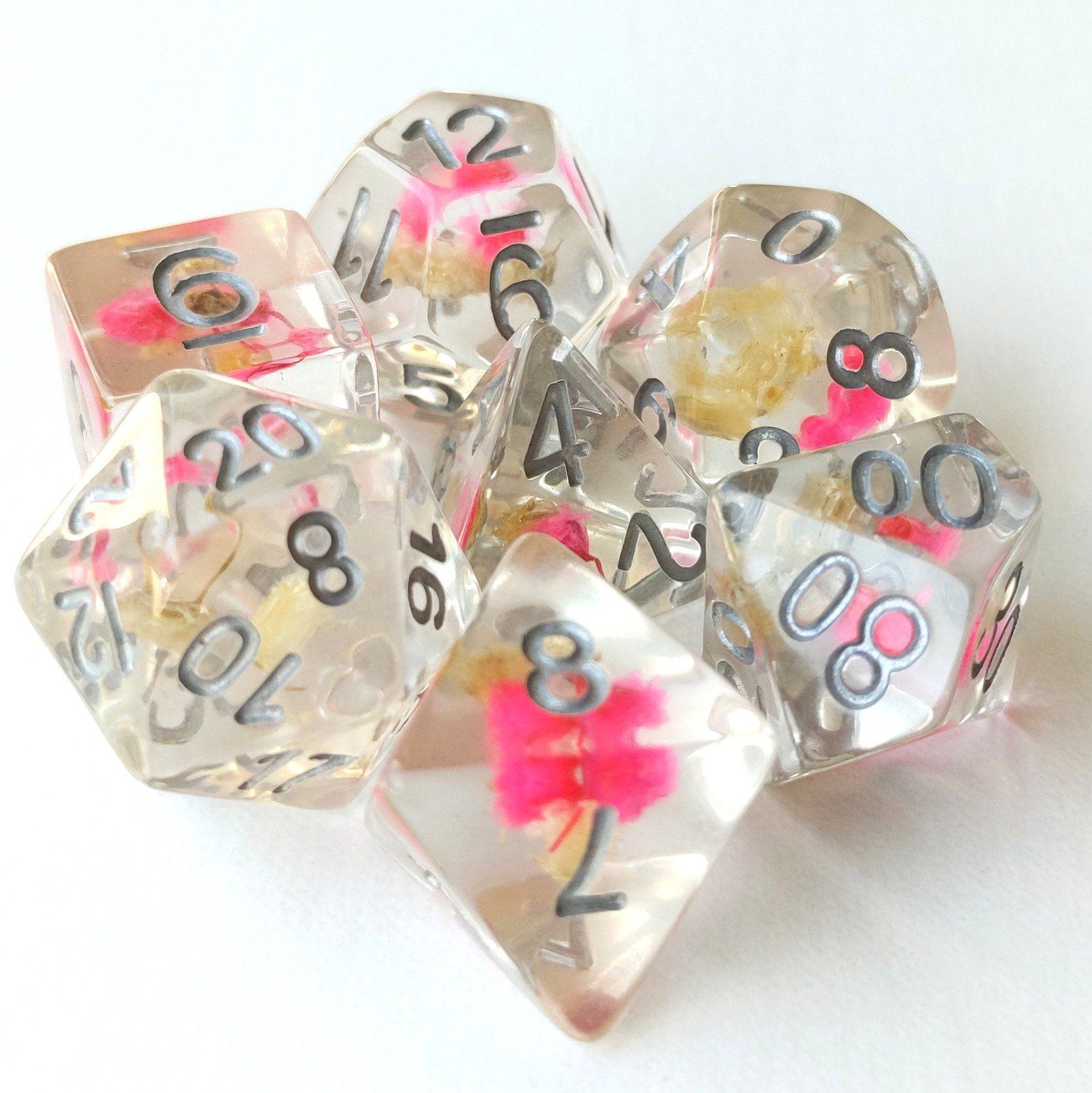 Pink and Yellow Flower Dice Set with Dried Flowers, 7-Piece Polyhedral for TTRPGs like Dungeons and Dragons