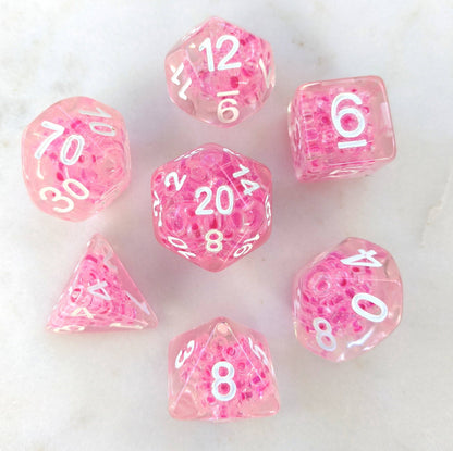 Pink Bead Dice Set. Clear Resin with Small Pink Beads - CozyGamer