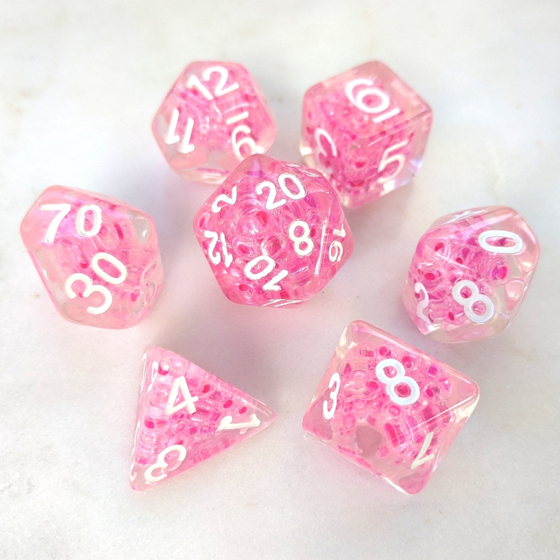 Pink Bead Dice Set – Clear Resin with Small Pink Beads - Fennek and Finch