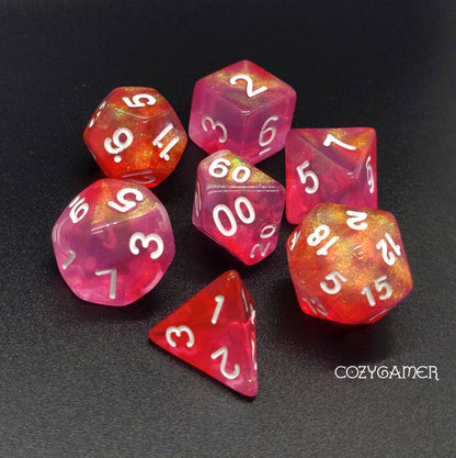 Pink Bunny Will O Wisp Dice Set. Glitter TTRPG Dice - Fennek and Finch