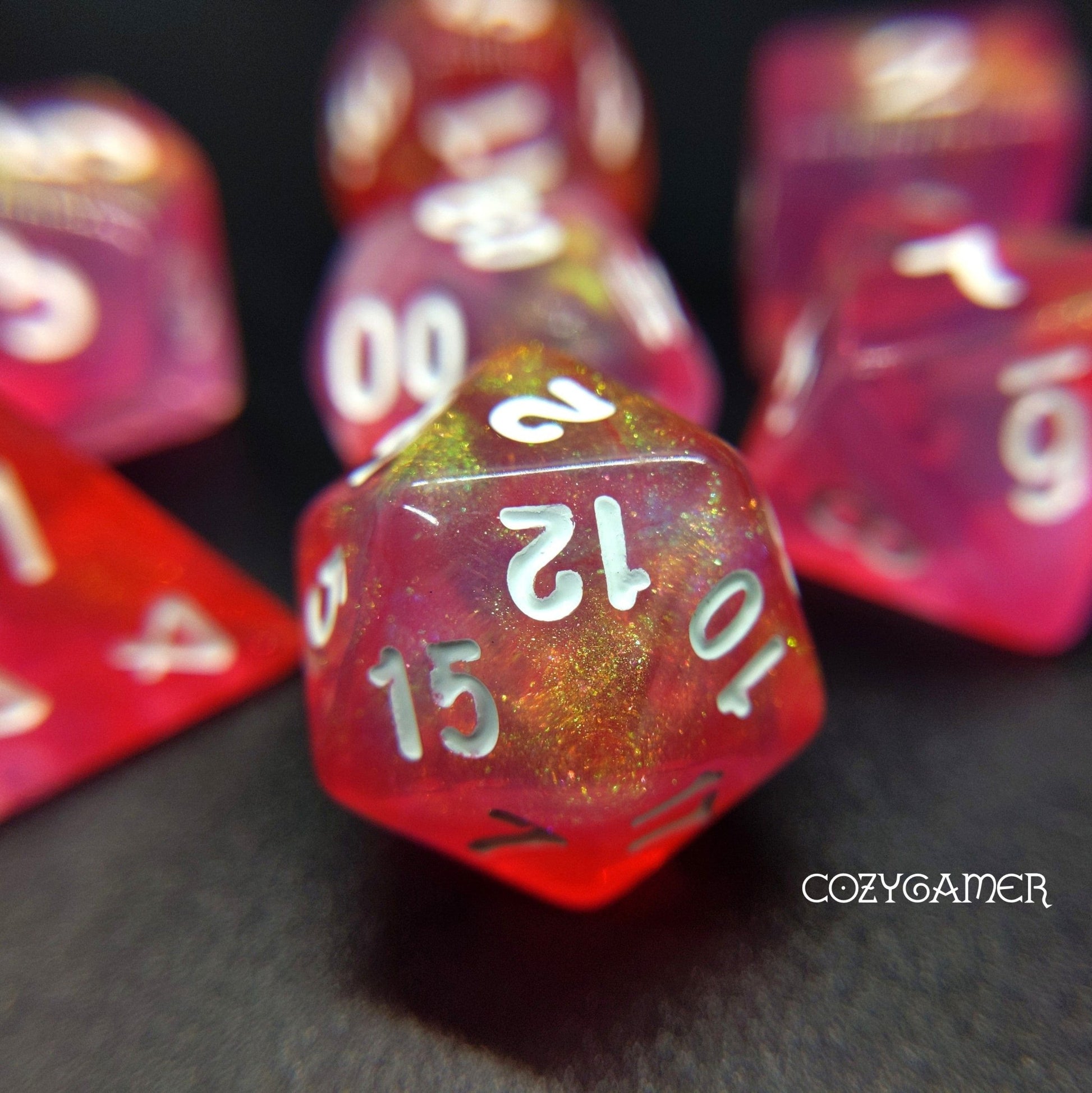 Pink Bunny Will O Wisp Dice Set. Glitter TTRPG Dice - Fennek and Finch