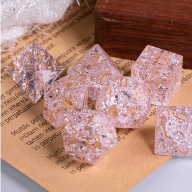 Pink Crackled Glass Dice Set. Real Gemstone (Glass) 7 Piece TTRPG Dice