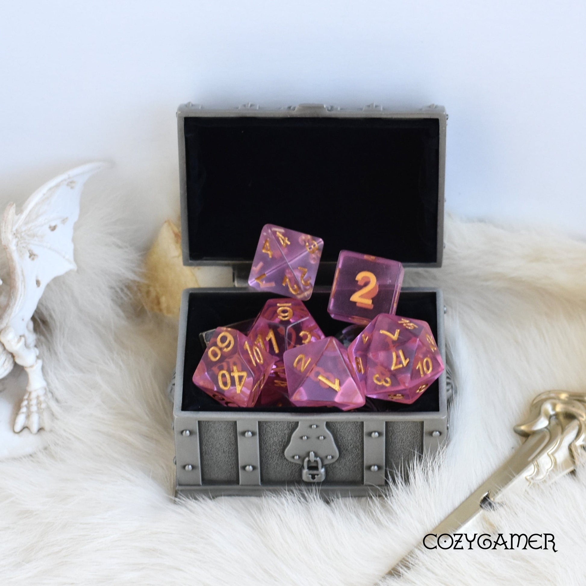 Pink Crystal Dice Set in Treasure Chest for Tabletop RPGs