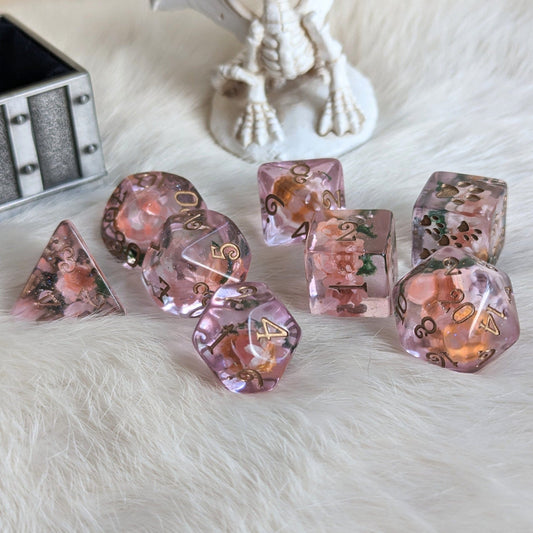 Pink Flower and Moss Dice Set – 8 - Piece Botanical DnD Dice with Paw D6 | Fennek & Finch - Fennek and Finch