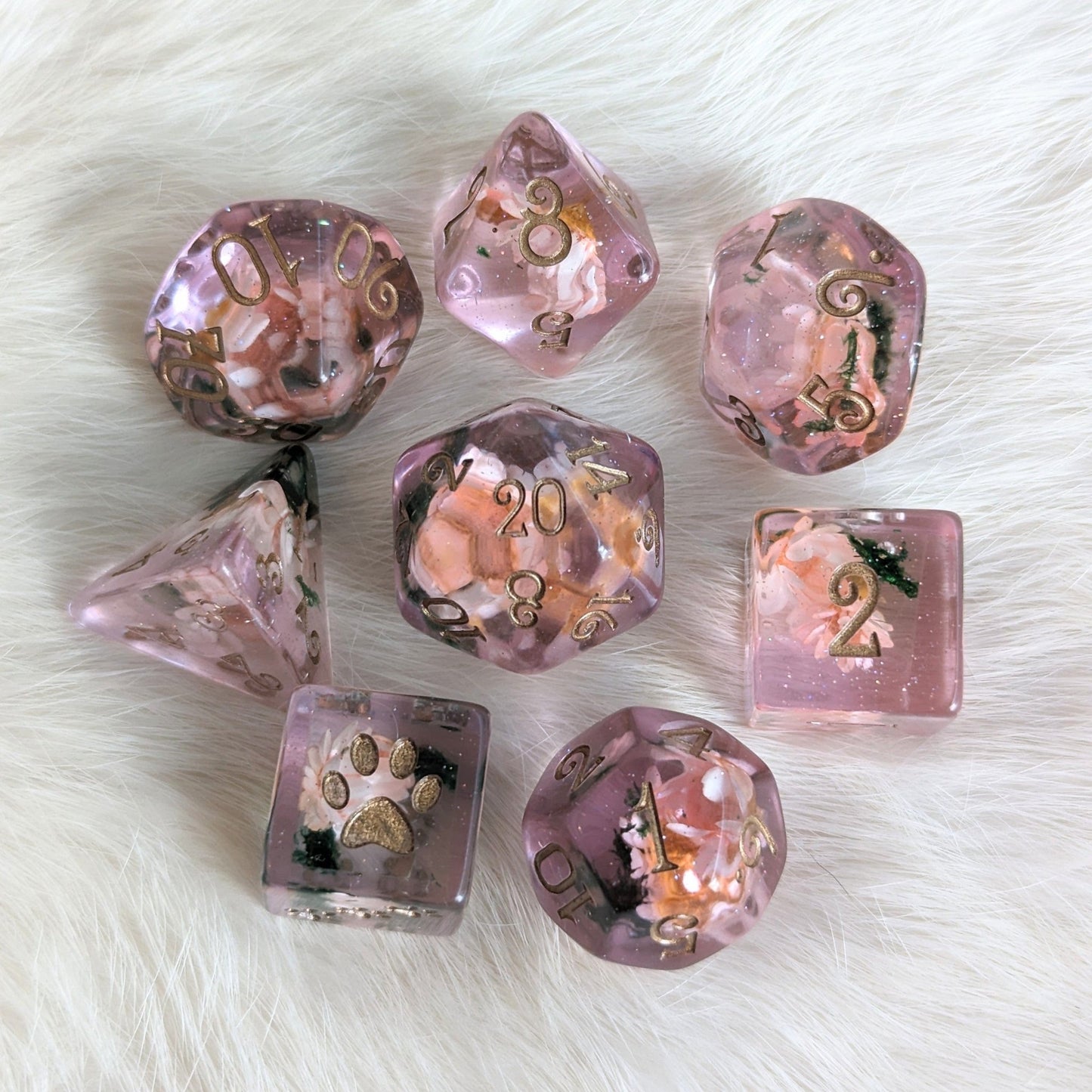 Pink Flower and Moss Dice Set – 8 - Piece Botanical DnD Dice with Paw D6 | Fennek & Finch - Fennek and Finch