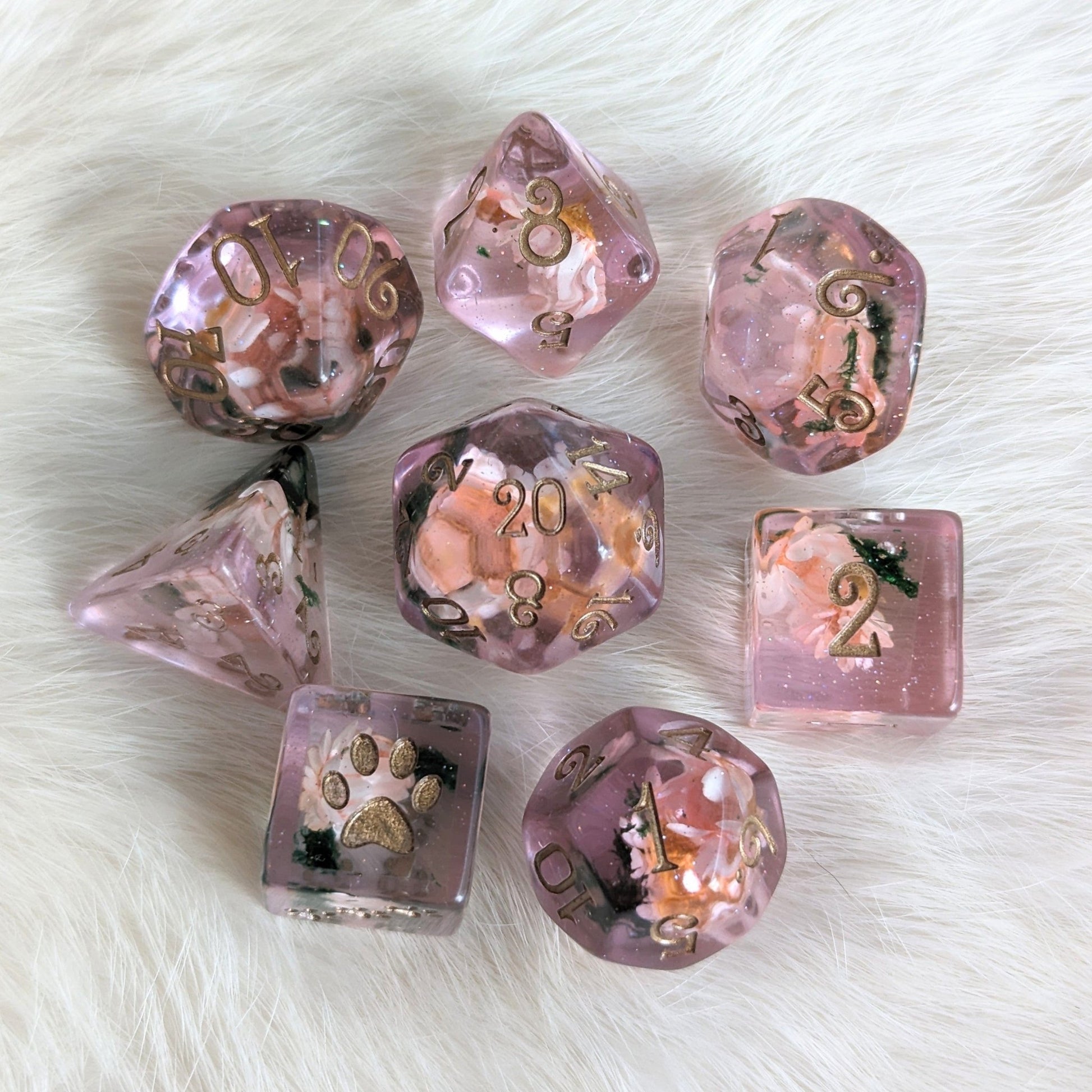 Pink Flower and Moss Dice Set – 8 - Piece Botanical DnD Dice with Paw D6 | Fennek & Finch - Fennek and Finch