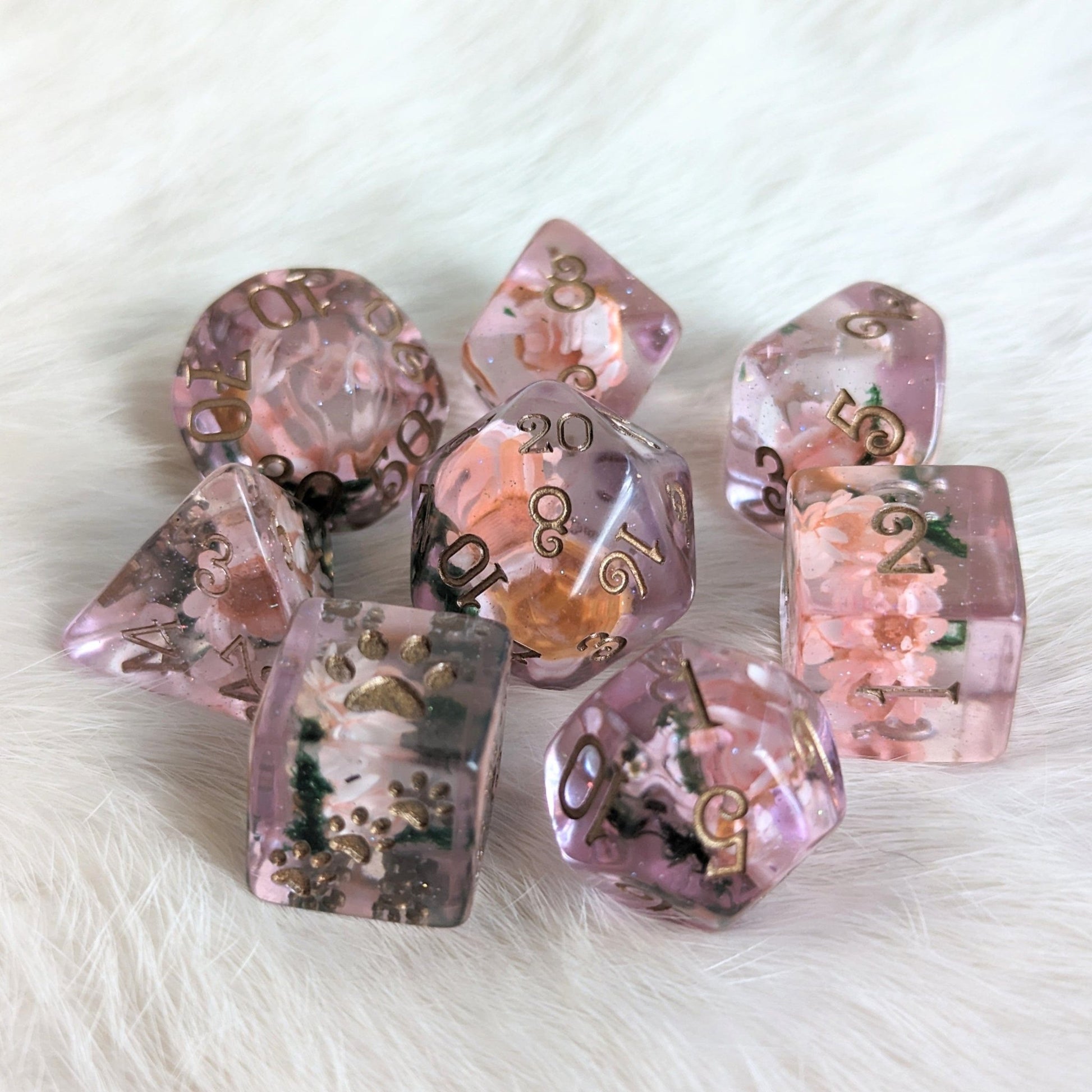 Pink Flower and Moss Dice Set – 8 - Piece Botanical DnD Dice with Paw D6 | Fennek & Finch - Fennek and Finch