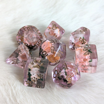 Pink Flower and Moss Dice Set – 8 - Piece Botanical DnD Dice with Paw D6 | Fennek & Finch - Fennek and Finch