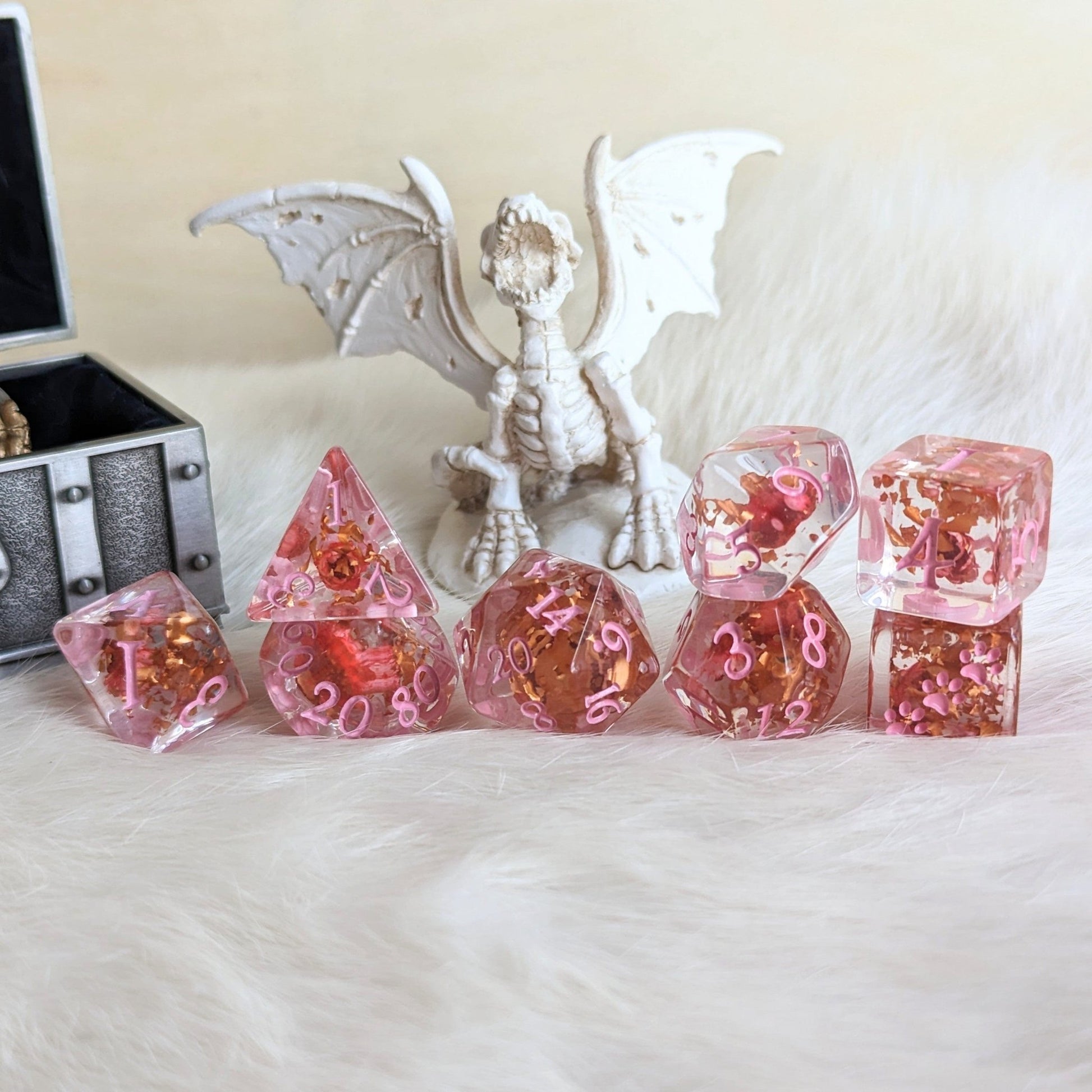 Pink Flowers and Copper 12 and 8 piece DND dice sets - Fennek and Finch