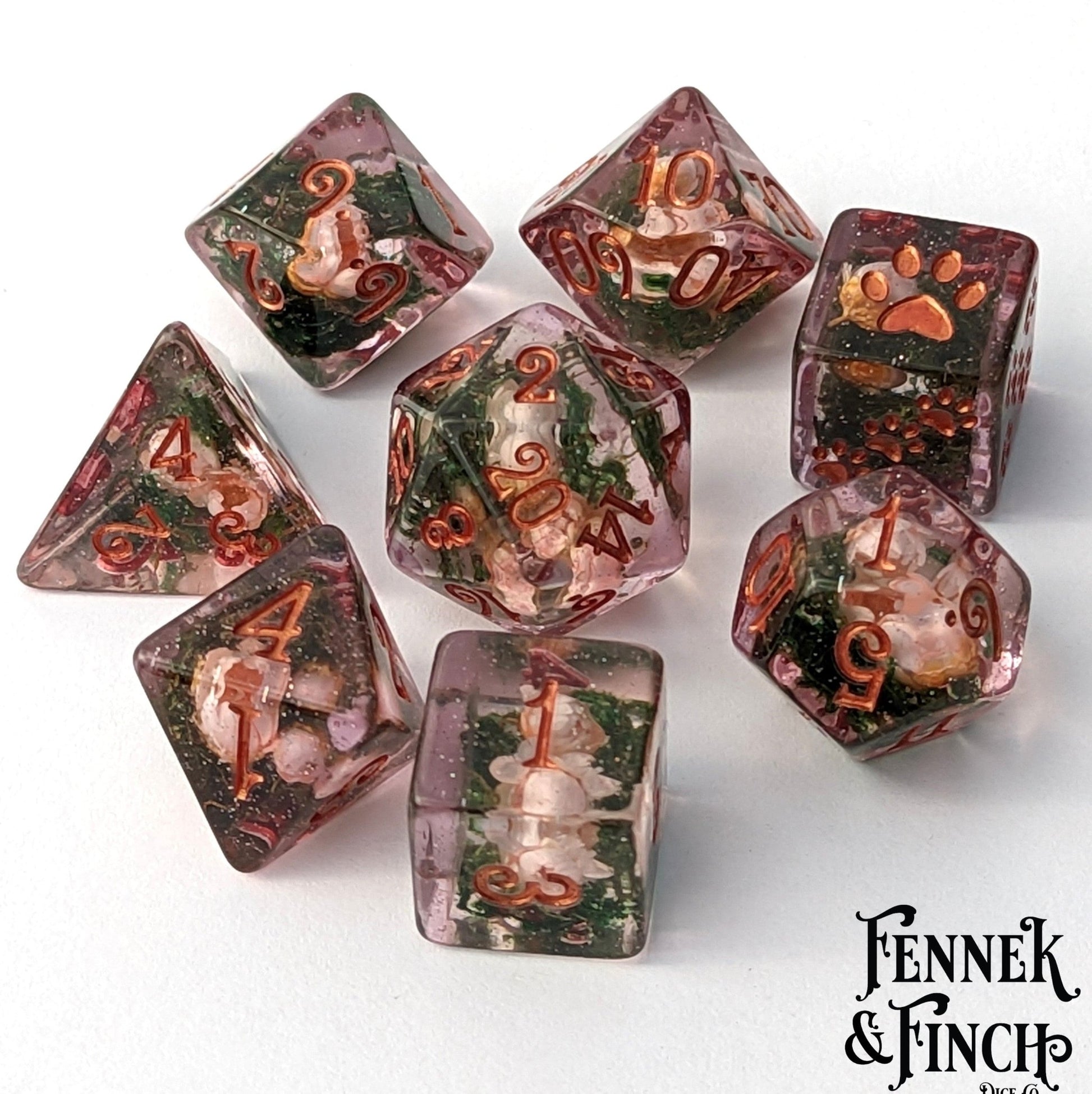 Pink Flowers and Moss DnD Dice Set – 7 - Piece with Real Botanicals | Fennek & Finch - Fennek and Finch