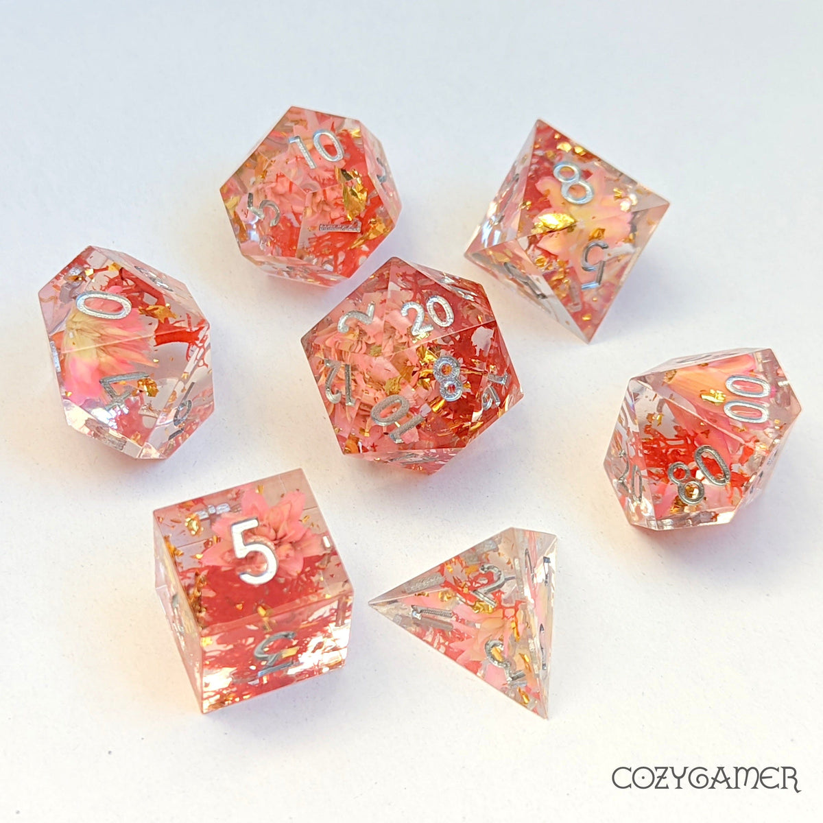 Pink Flowers and Moss Sharp Edge Resin Dice Set. 7 Piece DND dice set with real dried flowers. Dice Sets & Games Fennek and Finch