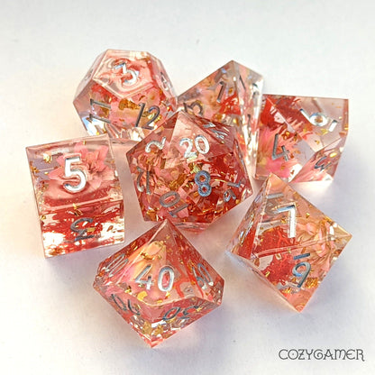 Pink Flowers and Moss Sharp Edge Resin Dice Set. 7 Piece DND dice set with real dried flowers. Dice Sets & Games Fennek and Finch
