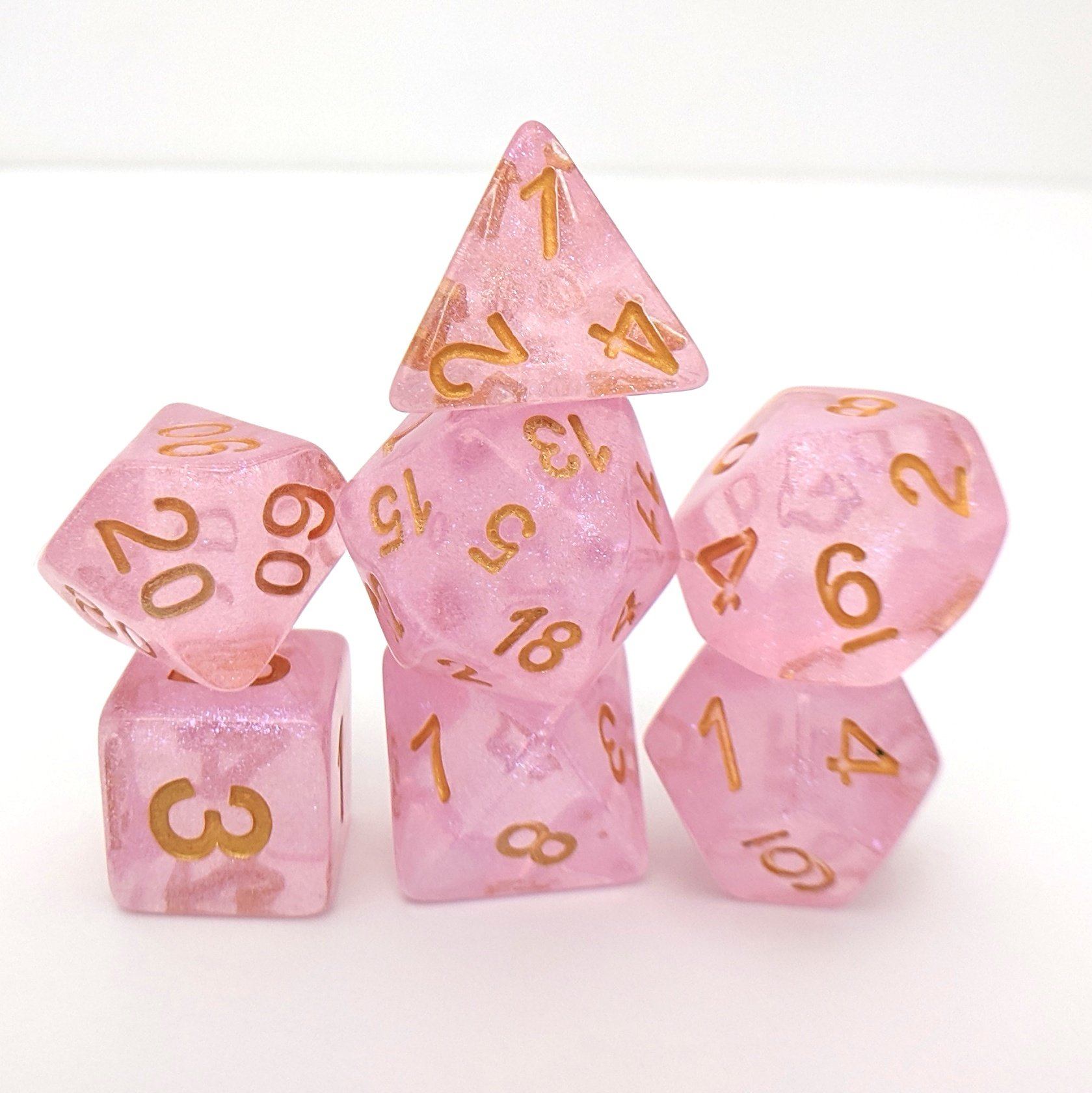 Pink Glitter Dice Set – 7 - Piece Clear Pink Micro Glitter Gold Font Resin DnD - Fennek and Finch