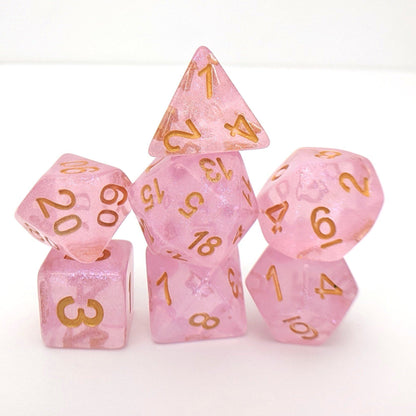 Pink Glitter Dice Set – 7 - Piece Clear Pink Micro Glitter Gold Font Resin DnD - Fennek and Finch