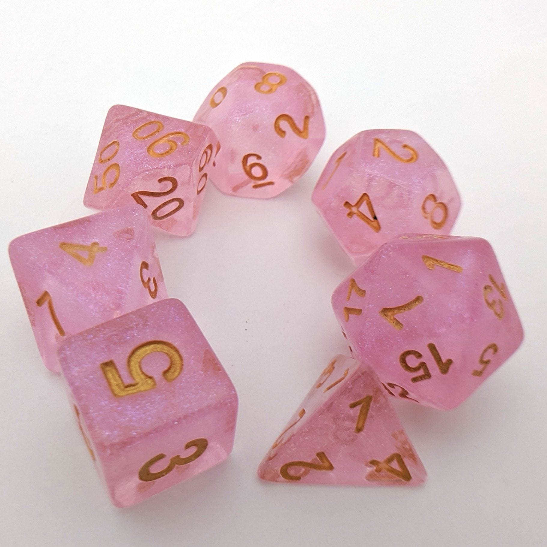 Pink Glitter Dice Set – 7 - Piece Clear Pink Micro Glitter Gold Font Resin DnD - Fennek and Finch