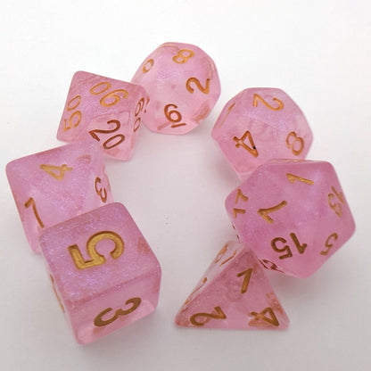 Pink Glitter Dice Set – 7 - Piece Clear Pink Micro Glitter Gold Font Resin DnD - Fennek and Finch