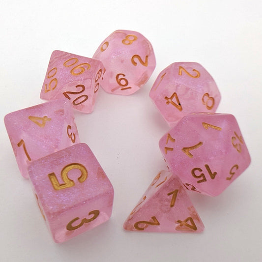 Pink Glitter Dice Set – 7 - Piece Clear Pink Micro Glitter Gold Font Resin DnD - Fennek and Finch