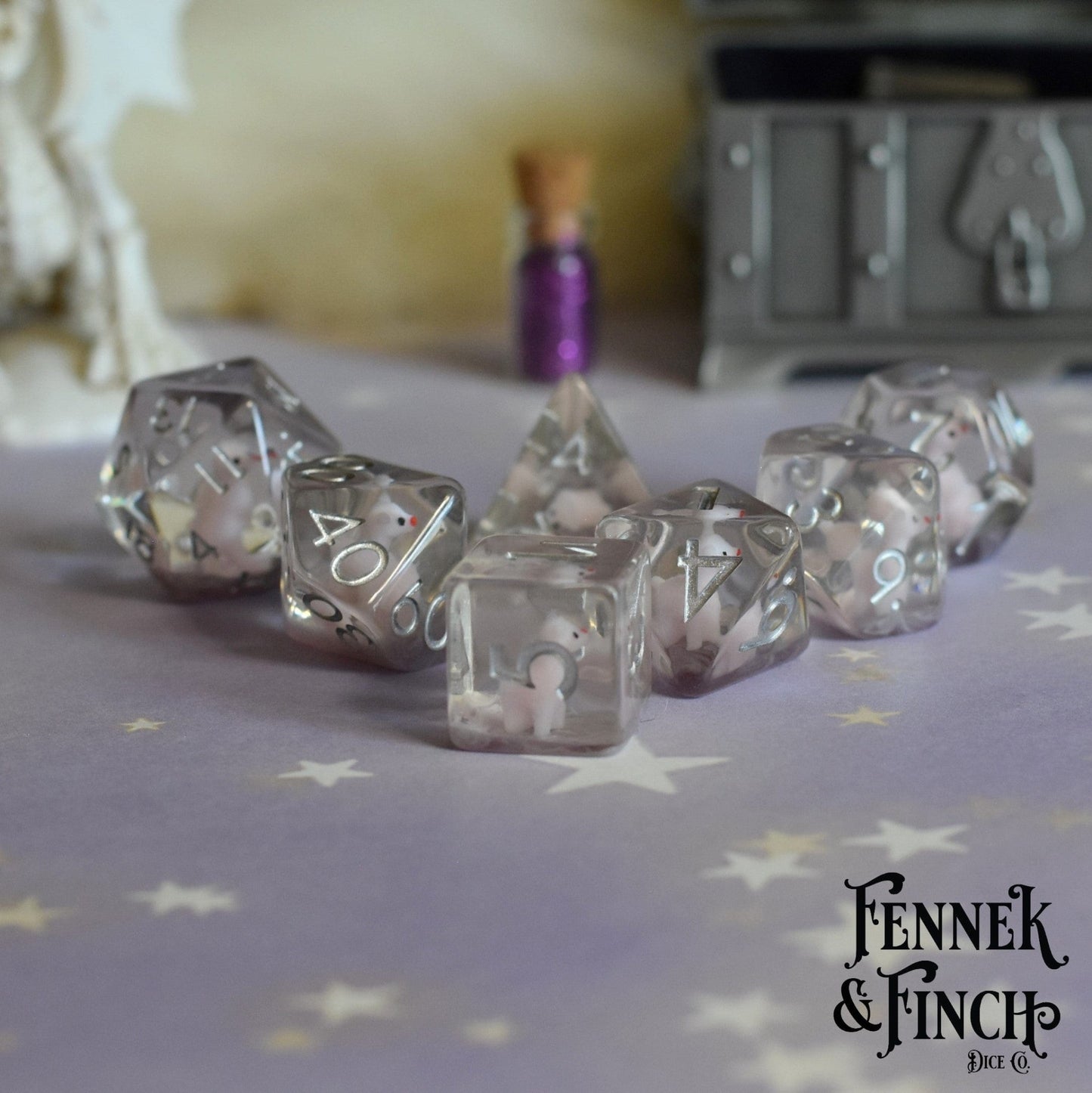 Pink Llama Dice Set – 7 - Piece Purple Resin Tiny Animal DnD Dice - Fennek and Finch