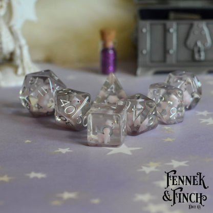 Pink Llama Dice Set – 7 - Piece Purple Resin Tiny Animal DnD Dice - Fennek and Finch