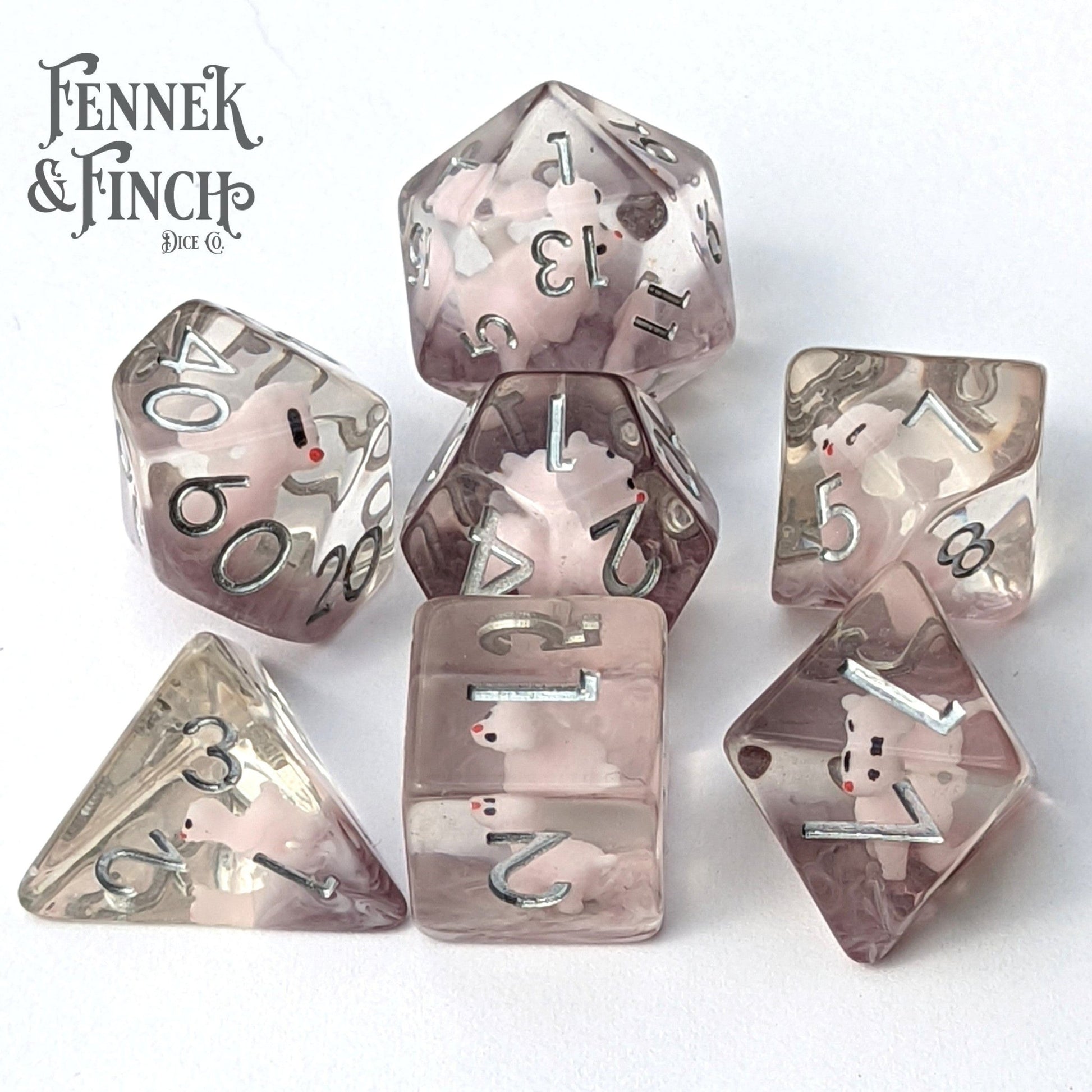 Pink Llama Dice Set – 7 - Piece Purple Resin Tiny Animal DnD Dice - Fennek and Finch