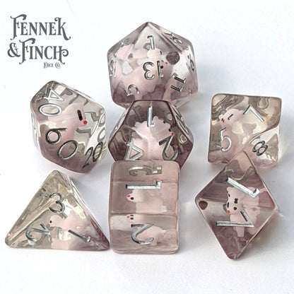 Pink Llama Dice Set – 7 - Piece Purple Resin Tiny Animal DnD Dice - Fennek and Finch