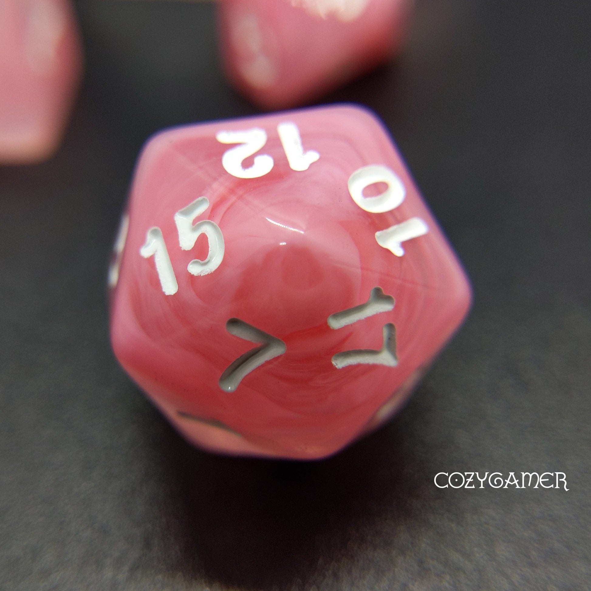 Pink Rose Swirl Dice Set. Glitter TTRPG Dice