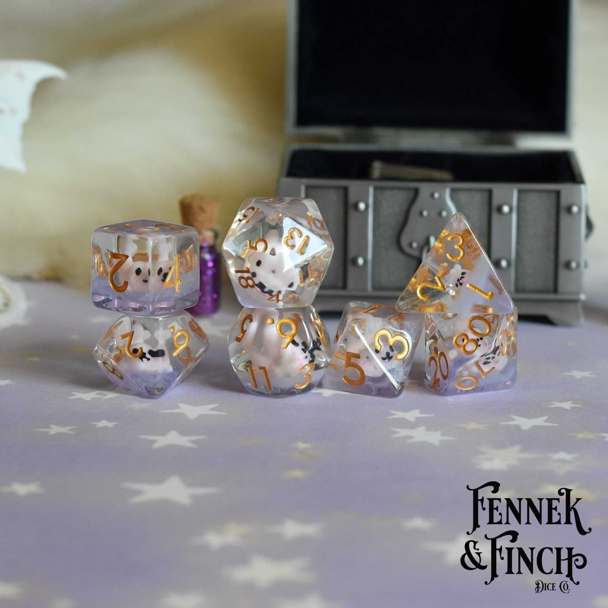 Pink Seal Dice Set – 7 - Piece Pink Animals Purple Resin DnD Dice - Fennek and Finch