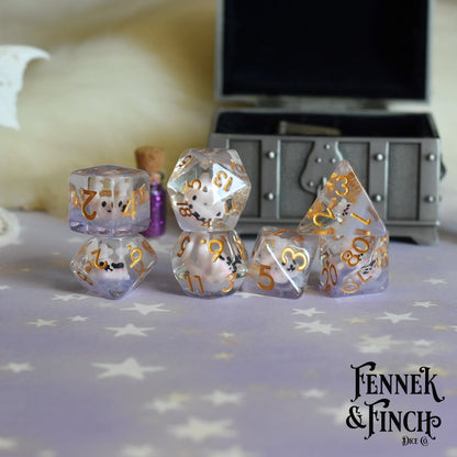 Pink Seal Dice Set – 7 - Piece Pink Animals Purple Resin DnD Dice - Fennek and Finch