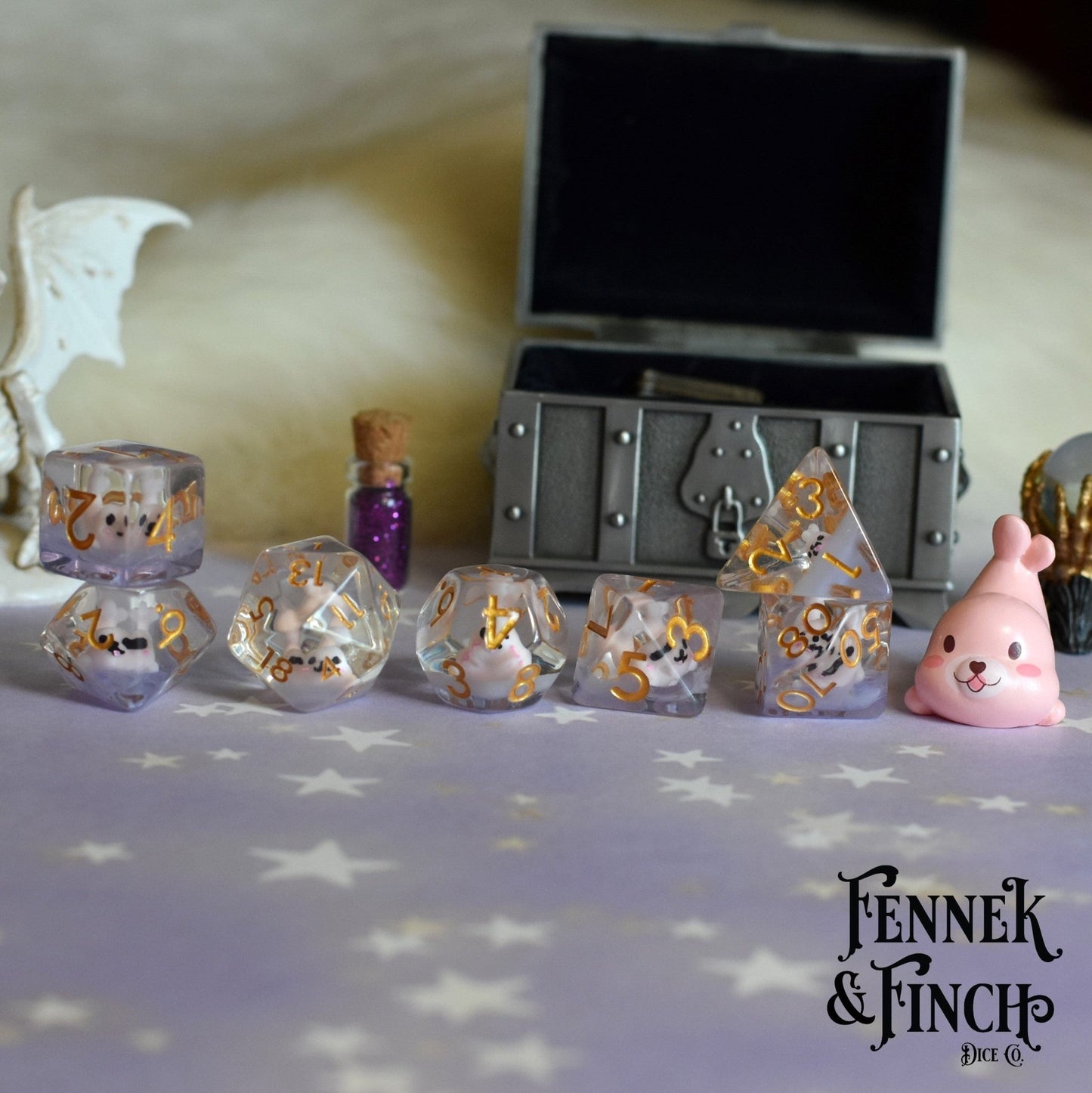 Pink Seal Dice Set – 7 - Piece Pink Animals Purple Resin DnD Dice - Fennek and Finch