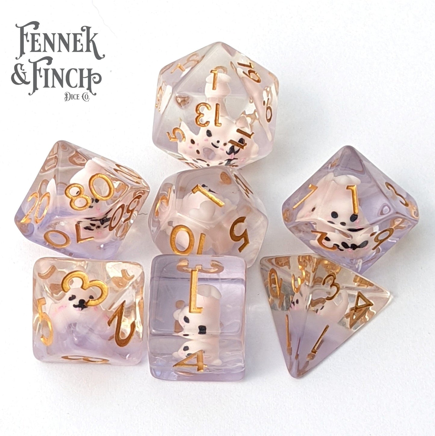 Pink Seal Dice Set – 7 - Piece Pink Animals Purple Resin DnD Dice - Fennek and Finch