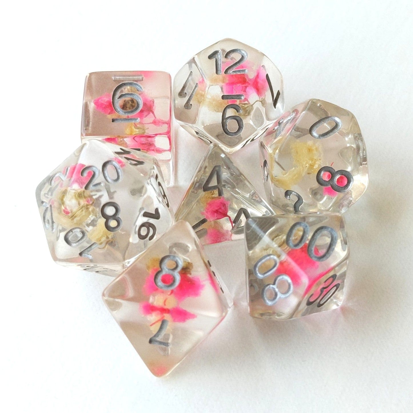 Pink Yellow Flower Dice Set – 7-Piece Real Dried Flowers DnD Dice Dice Sets & Games Fennek and Finch