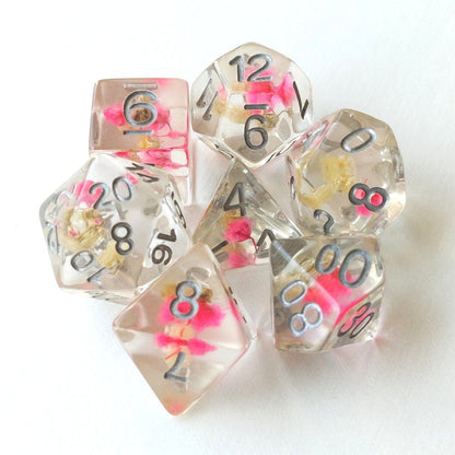 Pink Yellow Flower Dice Set – 7-Piece Real Dried Flowers DnD Dice Dice Sets & Games Fennek and Finch