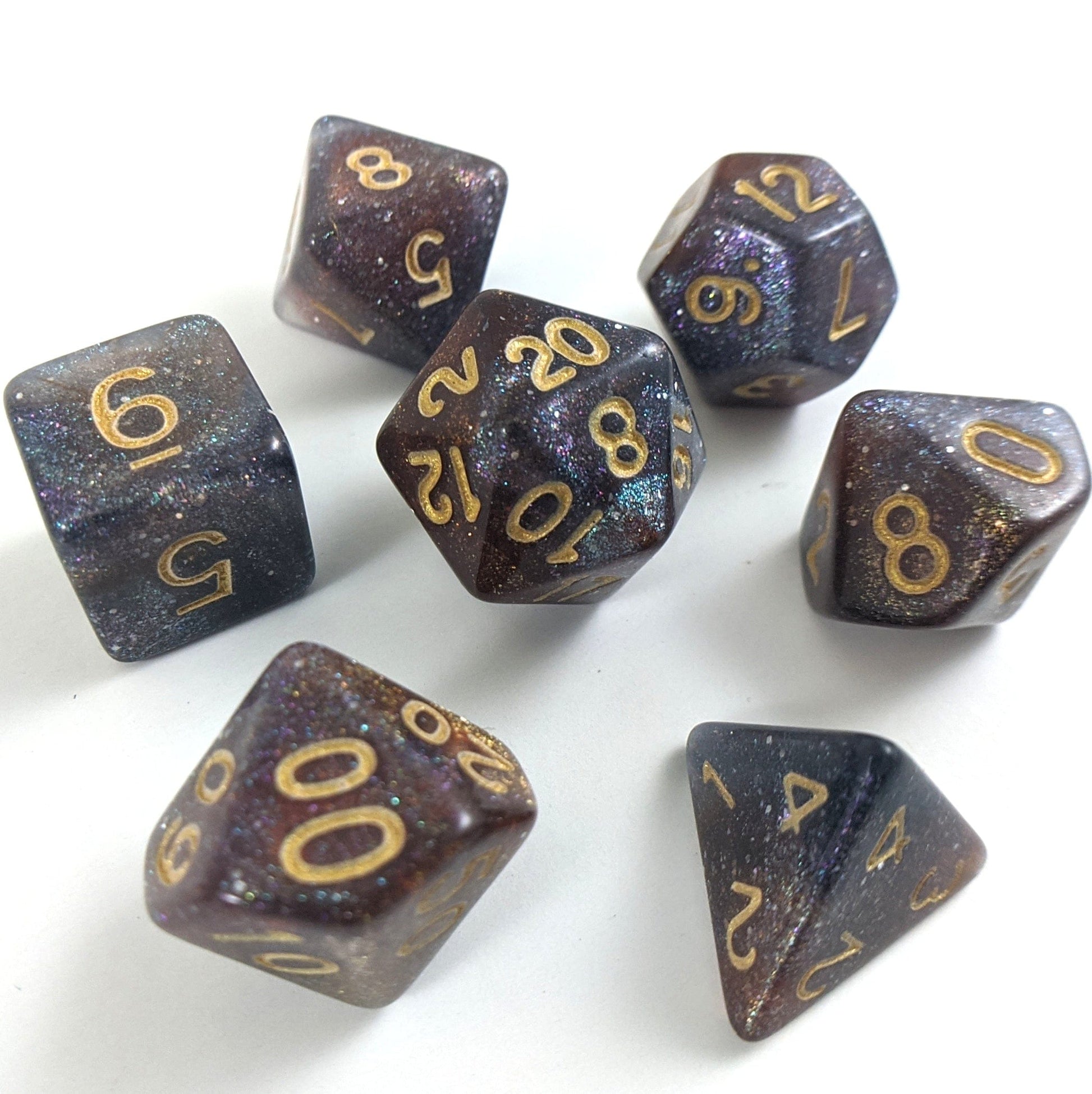 Pinwheel Galaxy Dice Set. Purple Blue and Copper Marbled Micro Shimmer - CozyGamer