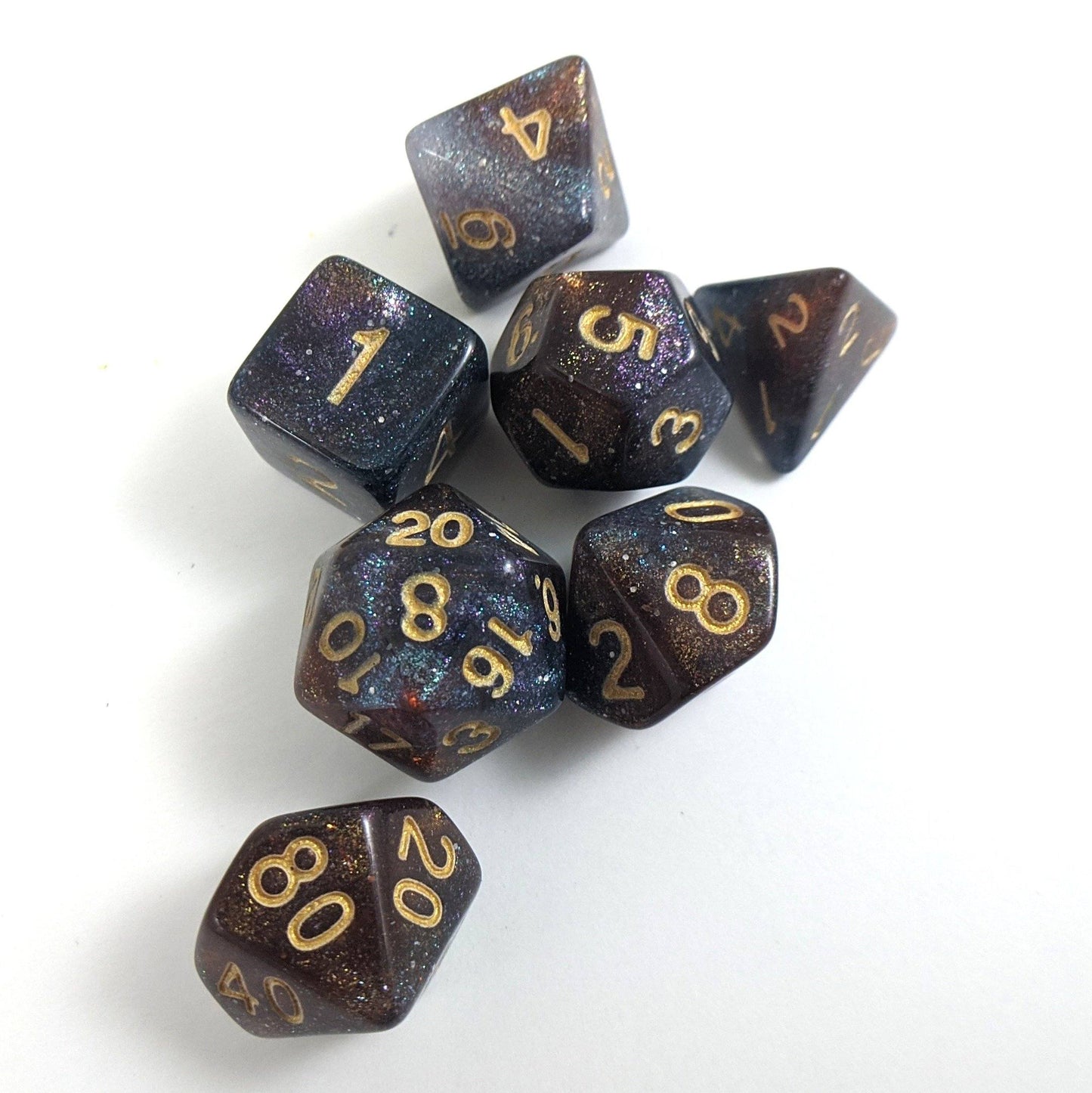 Pinwheel Galaxy Dice Set. Purple Blue and Copper Marbled Micro Shimmer - CozyGamer