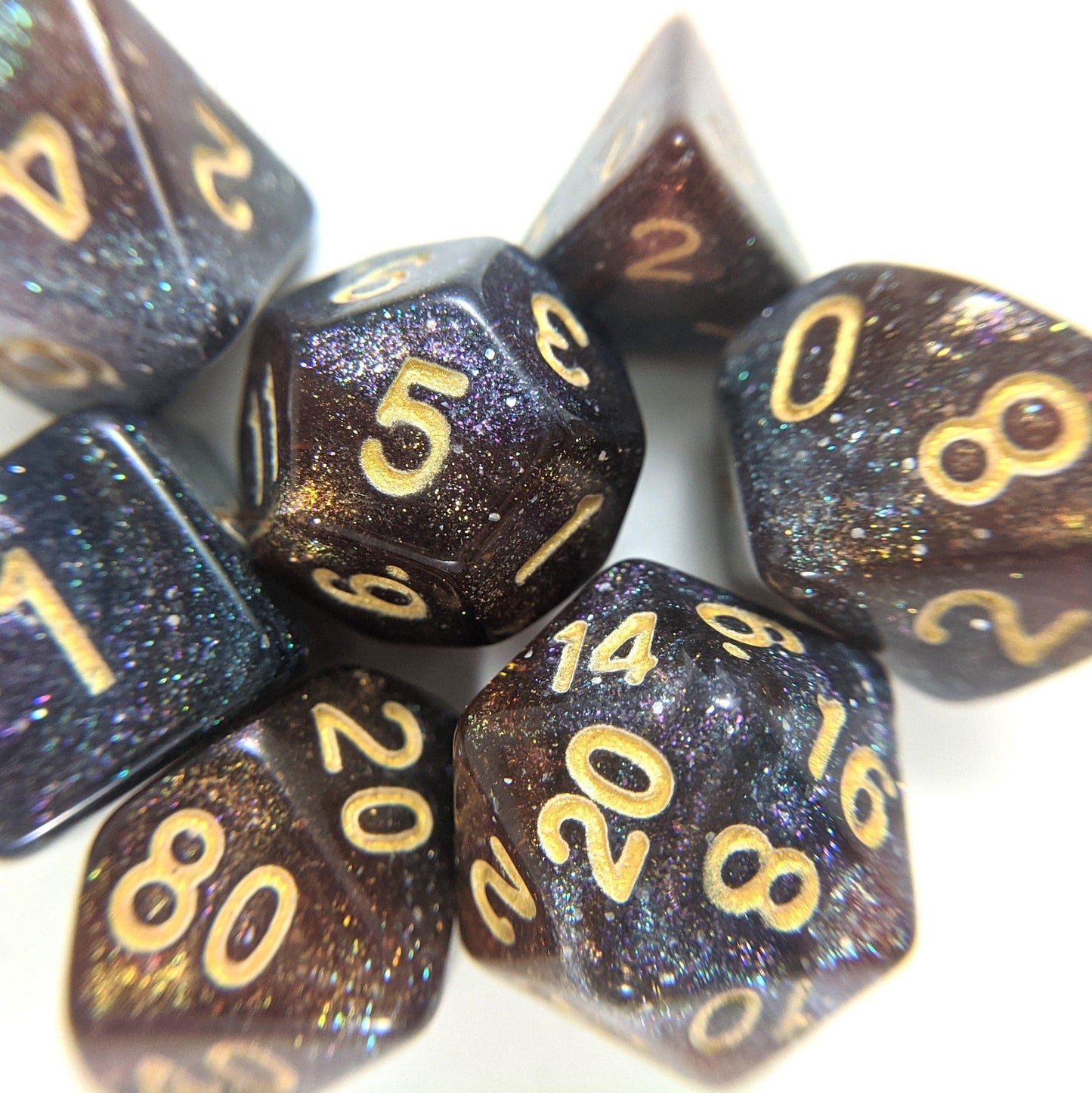 Pinwheel Galaxy Dice Set. Purple Blue and Copper Marbled Micro Shimmer - CozyGamer