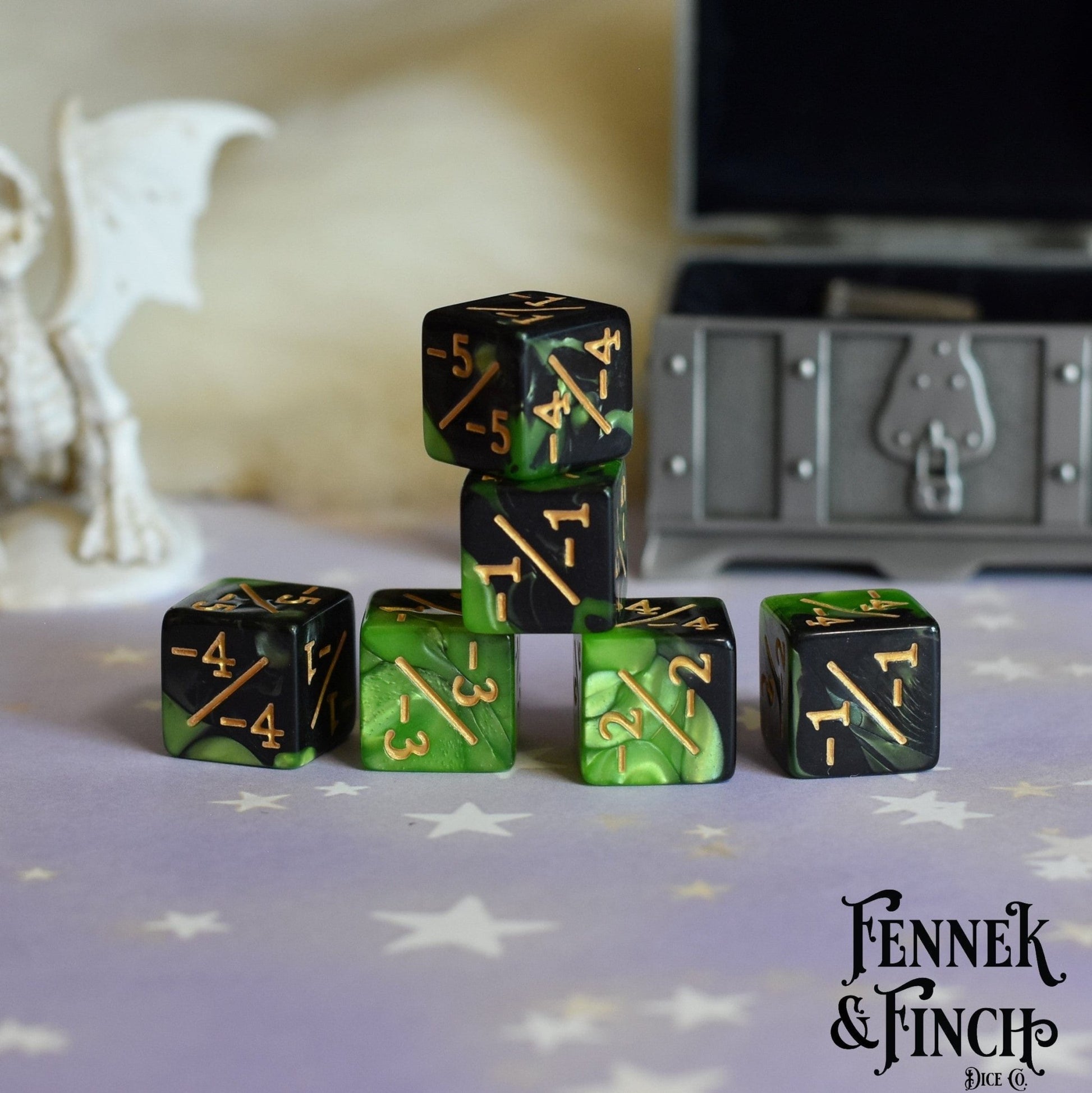 Poison D6 Negative Counter Dice Set – 6 - Piece Pearly Green Black Dice - Fennek and Finch