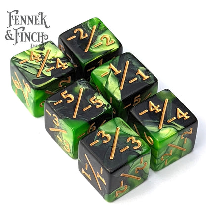 Poison D6 Negative Counter Dice Set – 6 - Piece Pearly Green Black Dice - Fennek and Finch