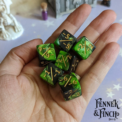 Poison D6 Negative Counter Dice Set – 6 - Piece Pearly Green Black Dice - Fennek and Finch