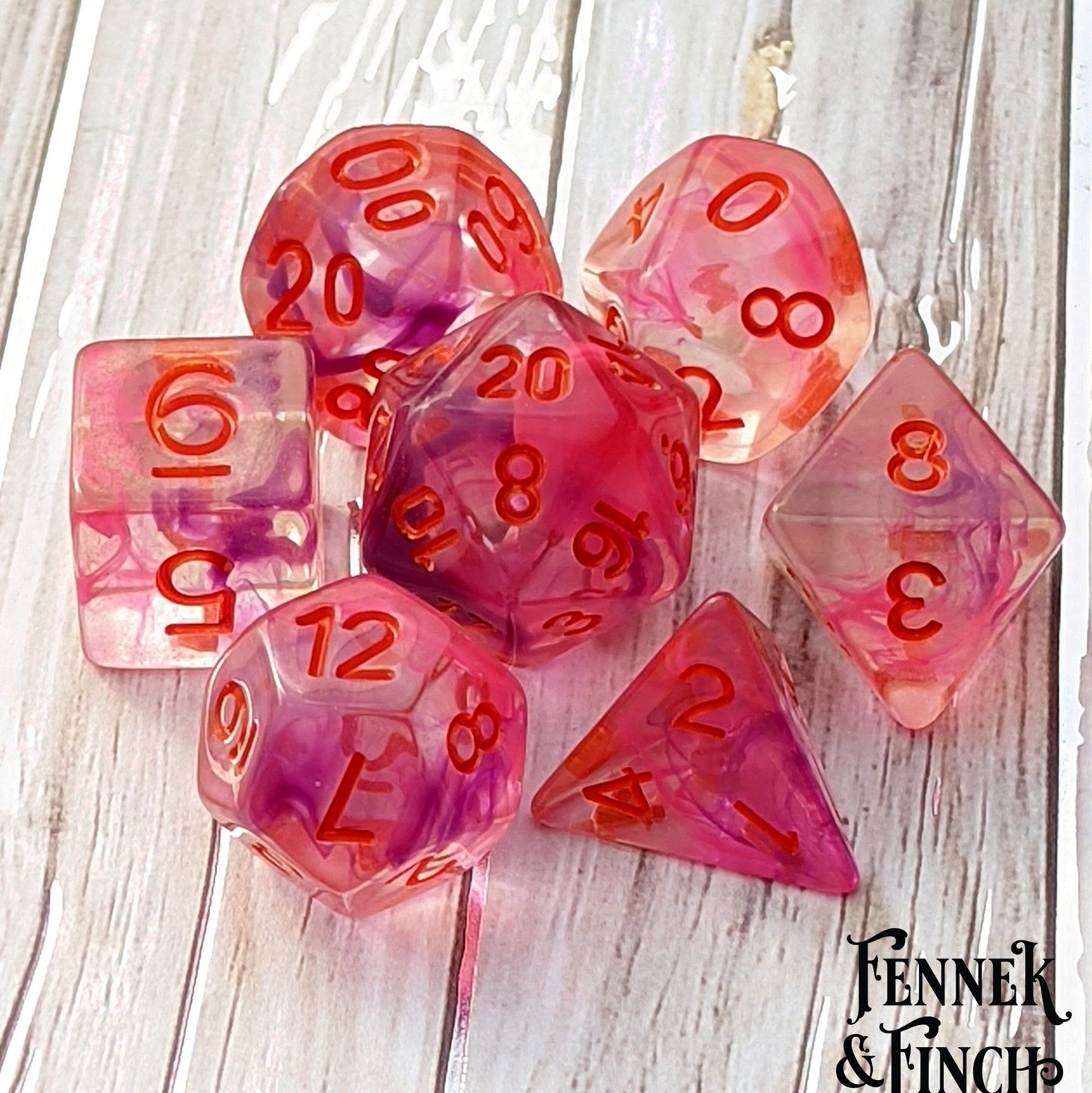 Poisonous Flower Dice Set – 7 - Piece Translucent Pink Purple Ink Swirls DnD Dice - Fennek and Finch