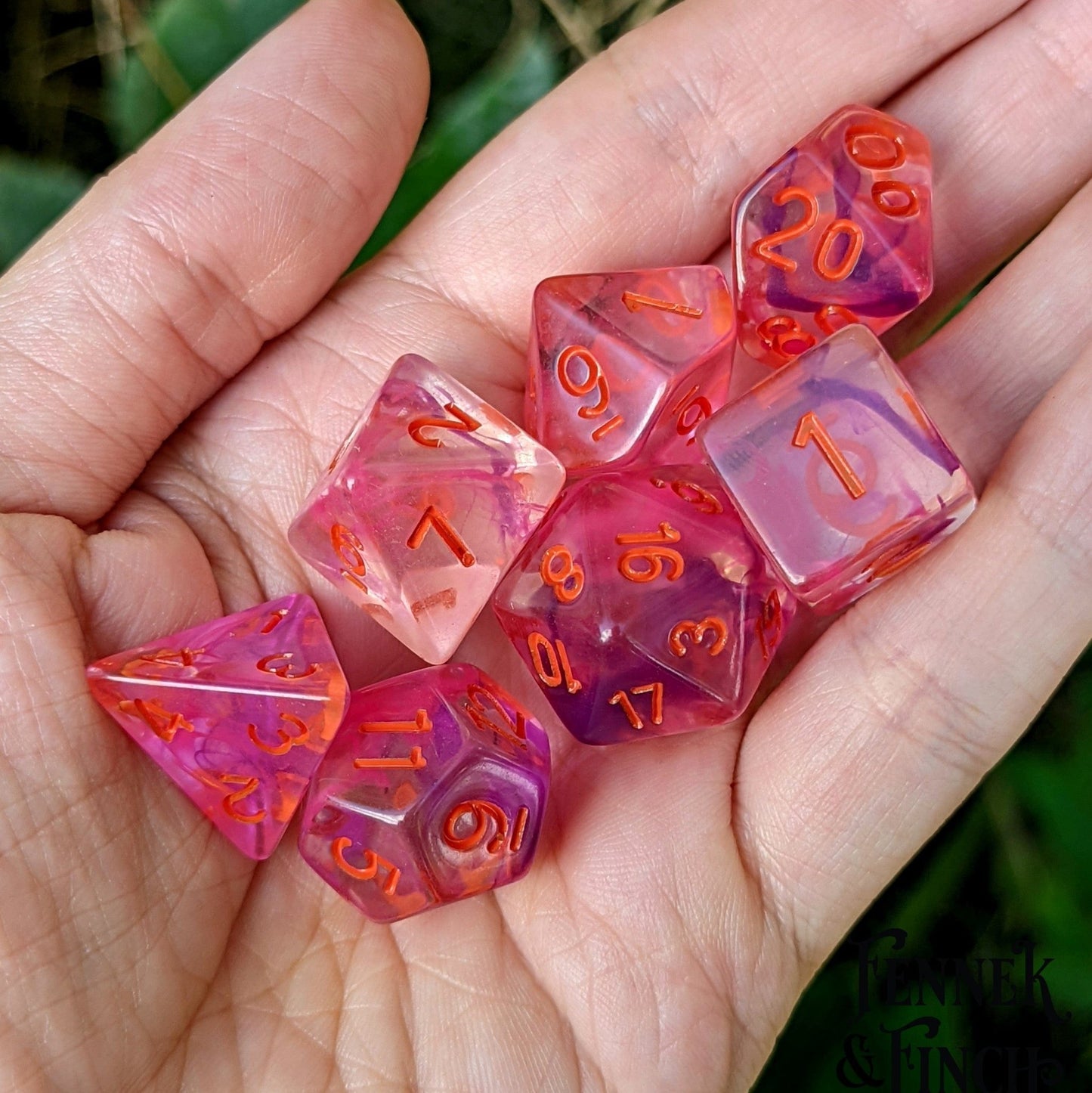 Poisonous Flower Dice Set – 7 - Piece Translucent Pink Purple Ink Swirls DnD Dice - Fennek and Finch