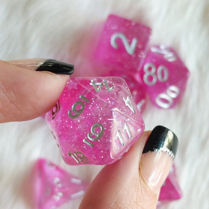 Pompadour Dice Set – 7-Piece Pink Glitter Sparkle DnD Dice Dice Sets & Games Fennek and Finch