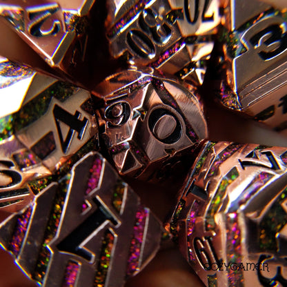 Portal Metal Dice Set – 7-Piece Copper Plated Color Shifting Glitter Gemstone DnD Dice Sets & Games Fennek and Finch Rainbow Garnet