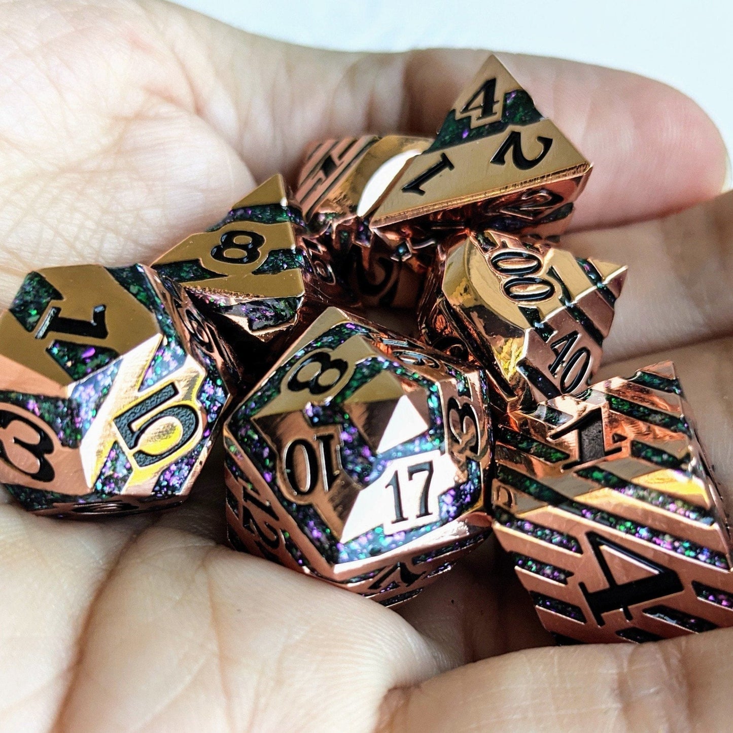 Portal Metal Dice Set – 7-Piece Copper Plated Color Shifting Glitter Gemstone DnD Dice Sets & Games Fennek and Finch Fluorite